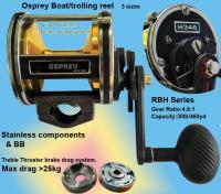 Osprey conventional boat reel. Boat reel with thruster brake system